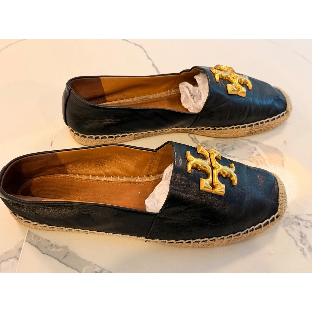 Tory Burch Elanor Black Leather Espadrille Flats Gold Logo Size 9.5